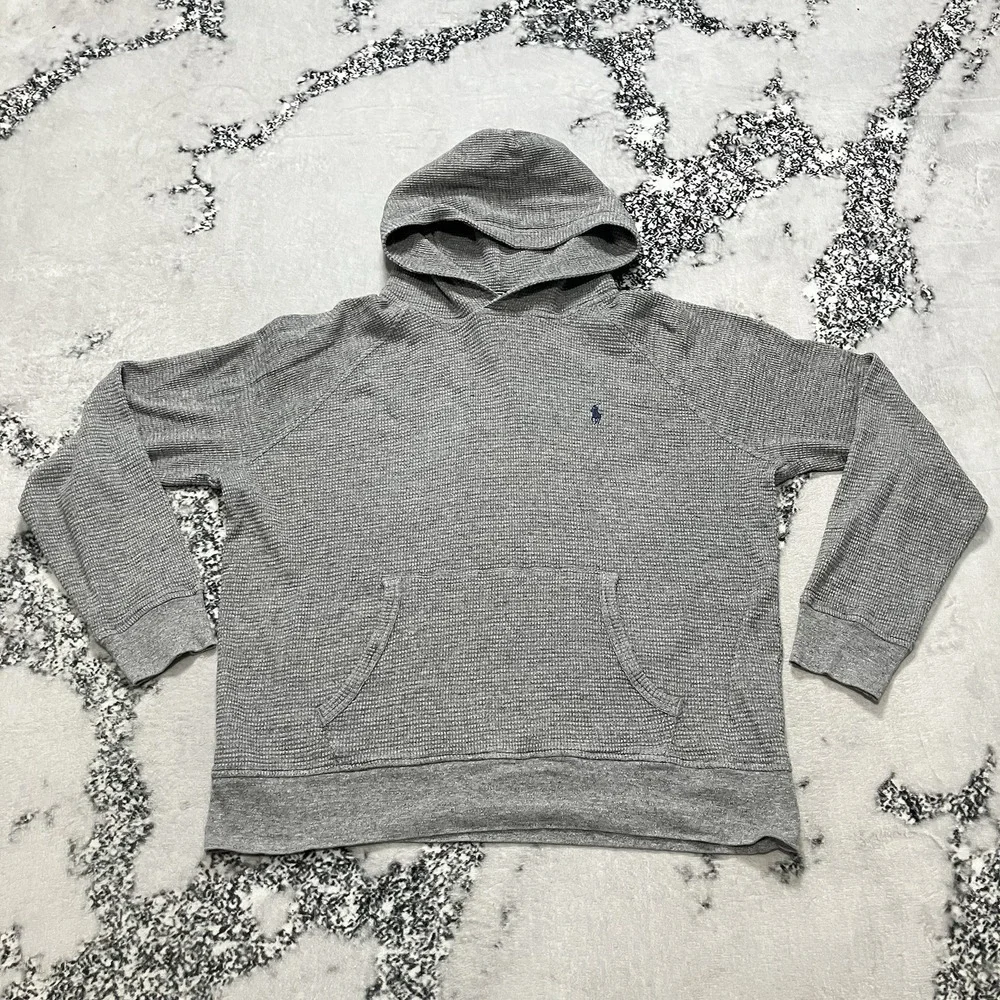 Polo Ralph Lauren Waffle Knit Hoodie Gray Pullover Pocket Mens Size M